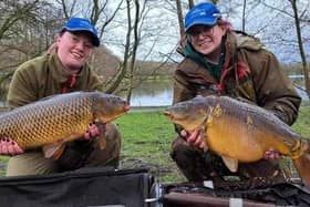 Catherine Robertson (left) and Niki Wildman with two of the fish they caught at Wyreside