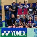 Edinburgh’s Julie MacPherson, pictured seated second left, enjoyed ‘double doubles’ success at the Yonex National Badminton Championships in Perth. Julie partnered Adam Hall to the mixed title and followed up with victory in the ladies doubles alongside Clara Torrance for a third consecutive occasion in the event