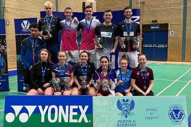 Edinburgh’s Julie MacPherson, pictured seated second left, enjoyed ‘double doubles’ success at the Yonex National Badminton Championships in Perth. Julie partnered Adam Hall to the mixed title and followed up with victory in the ladies doubles alongside Clara Torrance for a third consecutive occasion in the event