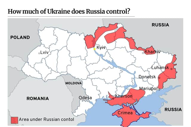 This map illustrates how much of Ukraine Russian forces now control as of Wednesday. Graphic: JPIMedia
