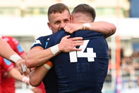 Ben Vellacott, left, celebrates with Darcy Graham who scored two tries in Edinburgh's United Rugby Championship win over Scarlets. Picture: Paul Devlin/SNS