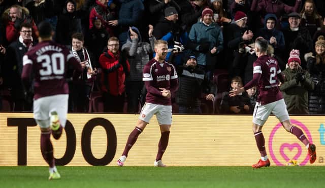 Stephen Kingsley celebrates after putting Hearts 2-0 up against St Mirren at the weekend. Picture: SNS