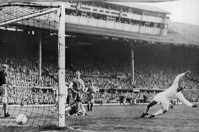 Alfredo Di Stefano scores for Real Madrid in the European Cup Final against Eintracht Frankfurt at Hampden Park in 1960 (Picture: Keystone/Getty Images)