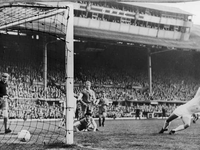 Alfredo Di Stefano scores for Real Madrid in the European Cup Final against Eintracht Frankfurt at Hampden Park in 1960 (Picture: Keystone/Getty Images)