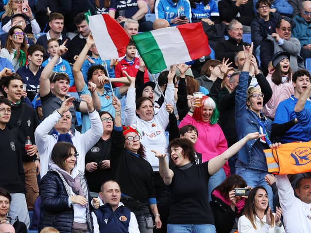 Italy  fans show their support prior to the Guinness Six Nations 2024 match between Italy and Scotland at Stadio Olimpico in Rome