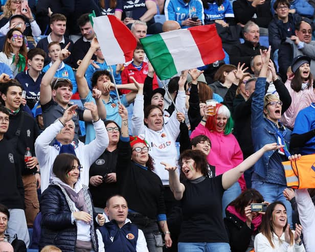 Italy  fans show their support prior to the Guinness Six Nations 2024 match between Italy and Scotland at Stadio Olimpico in Rome