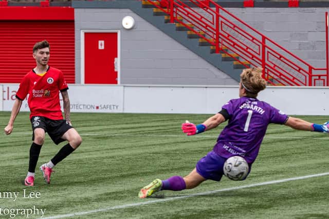 Lennon Walker fires home Edinburgh City's second. Picture: Tommy Lee