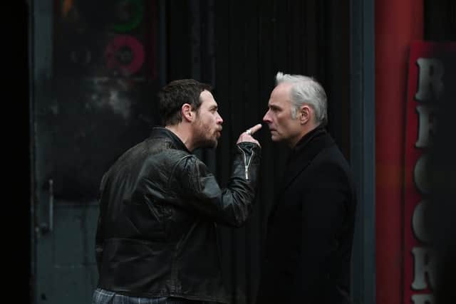 Actors Mark Bonnar and Jamie Sives filming Guilt in Glasgow's Merchant City.