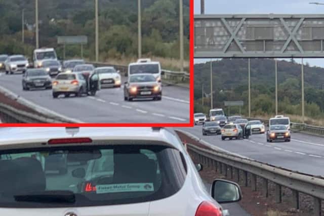 A crash on the M90 south of the Queensferry crossing appears to have left one car facing the wrong direction. (Credit: FifeJammers)