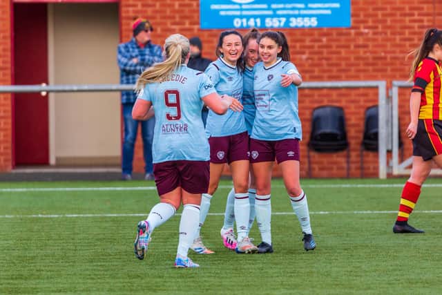 (Right to left) Lia Tweedie, Aimee Anderson, Eilidh Begg and Addie Handley celebrate Begg’s goal at Partick Thistle in a 3-2 win for Hearts. Picture: David Mollison