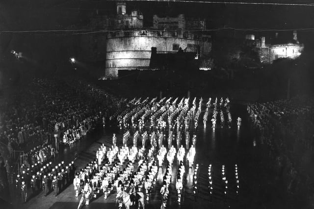 Massed pipes and drums at the Edinburgh Military Tattoo 1960.
