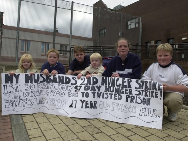 Lisa Brown and children Casey, Brett, Arran,Fraser and Bradley during their peaceful protest outside Saughton Prison in October, 2000. Lisa's husband Brian was on day 37 of a hunger strike.