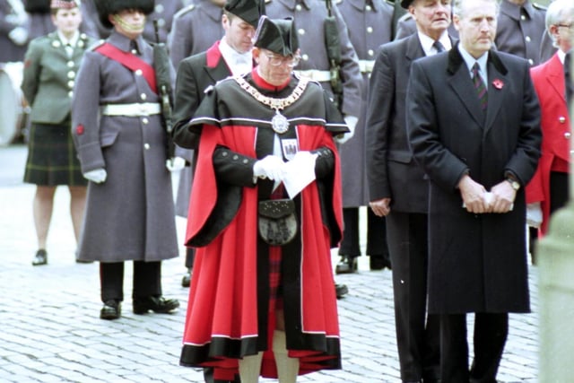 Lord Provost Norman Irons and Scottish Office minister Lord James Douglas-Hamilton take part in a service at the Stone of Remembrance outside Edinburgh City Chambers, November 1992.