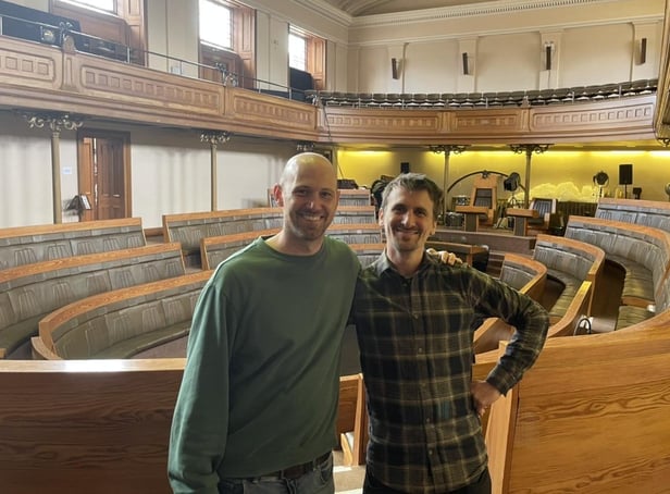 Jack Nissan, artistic director of the Tinderbox Collective, and Matthew Wright, co-creator of the Pianodrome, at the old Royal High School, which will be used for this year's Fringe.