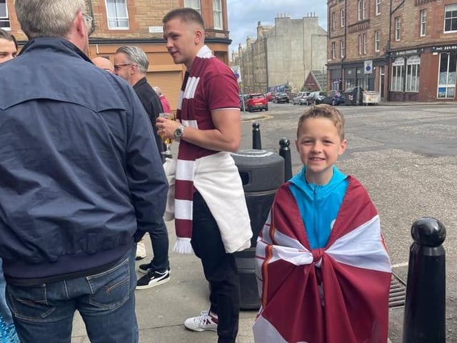 Here we go Hearts! Olly Enwood, aged nine, outside the Polwarth Tavern and ready to go to Hampden.
Pic: Nikki Enwood.