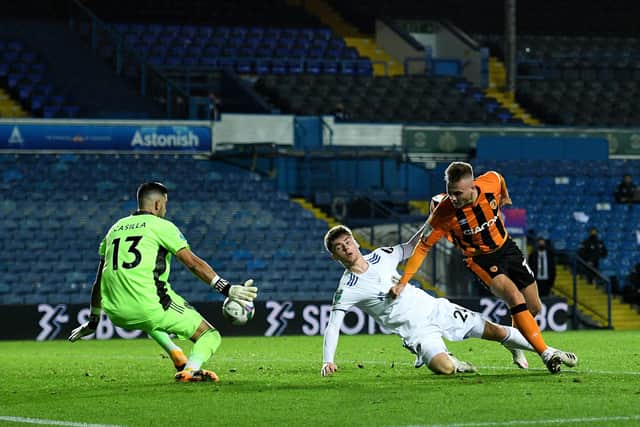 James Scott has a shot saved by Kiko Casilla during a Carabao Cup Second Round match between Leeds United and Hull City