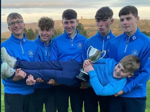 Turnhouse celebrate winning the  Scottish final of Junior Team Golf Home Nations Inter-Club Championship at Duff House Royal. Picture: Pete Mitchell