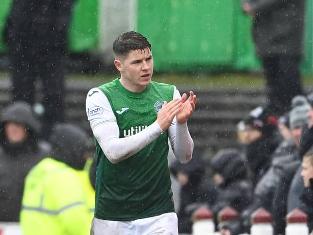 Kevin Nisbet applauds the Hibs fans after being substituted during the 3-1 Scottish Cup win against Arbroath