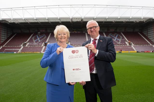 Hearts chairwoman Ann Budge with Foundation of Hearts chairman Stuart Wallace following the transfer of club ownership. (Photo by Paul Devlin / SNS Group)