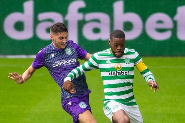 Ben Stirling challenges Olivier Ntcham during a Hibs-Celtic pre-season match earlier this year.