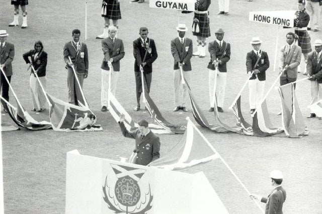 Preparing to raise the flags of the nations taking part in the 1970 Edinburgh Commonwealth Games.