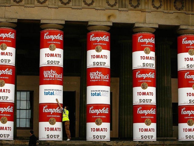The famous columns of the National Gallery of Scotland were wrapped with images of Campbell’s soup cans to mark the upcoming Andy Warhol exhibition, coinciding with the 20th anniversary of the artist’s death, on 31 July 2007.