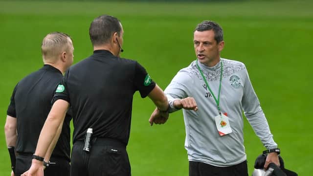Jack Ross greets referee Euan Anderson after the recent Celtic-Hibs friendly