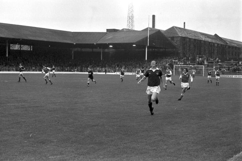Willie Gibson in action during the Hearts v Hibs Edinburgh Derby football match at Tynecastle in August 1980. Hearts were newly-promoted after being relegated to the First Division in season 1978-79.