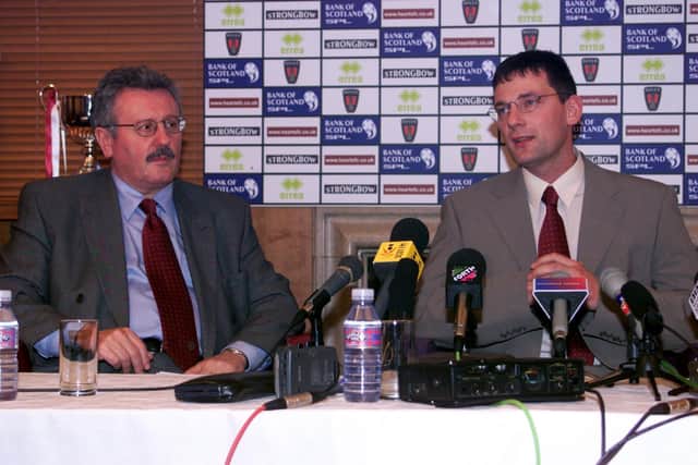 Hearts chief executive Chris Robinson introducing new manager Craig Levein to the media in 2000. Picture: SNS