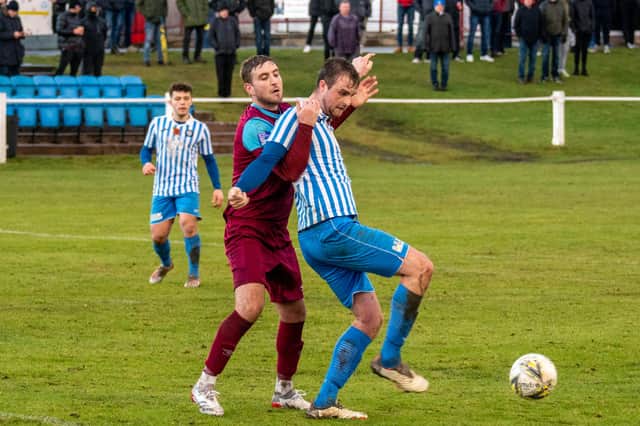 Penicuik Athletic striker Cameron Dawson in action against Whitehill Welfare. Picture: Kayem Photo