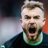 Ryan Porteous roars in delight after the full-time whistle on Sunday as Hibs were able to defeat Motherwell 4-2 in the cinch Premiership. Picture: SNS