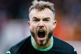 Ryan Porteous roars in delight after the full-time whistle on Sunday as Hibs were able to defeat Motherwell 4-2 in the cinch Premiership. Picture: SNS