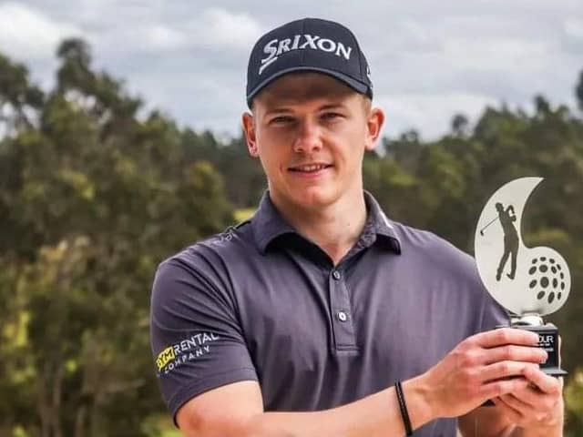 Edinburgh man KIeran Cantley shows off the trophy after winning the Optilink Classic on the PT Tour in Portugal. Picture: PT Tour