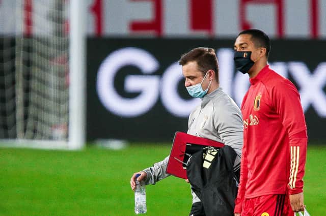 Youri Tielemans pictured with Shaun Maloney ahead of a World Cup 2022 qualifier between Belgium and Belarus