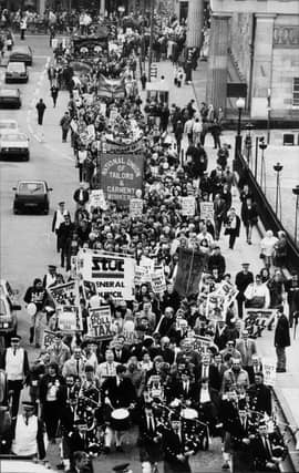 Protestors against the Poll Tax march up the Mound in April 1989.