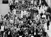 Protestors against the Poll Tax march up the Mound in April 1989.
