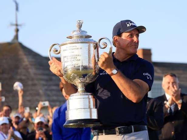 Phil Mickelson celebrates with the Wanamaker Trophy after winning the 2021 PGA Championship held at Kiawah Island. Picture: Sam Greenwood/Getty Images.