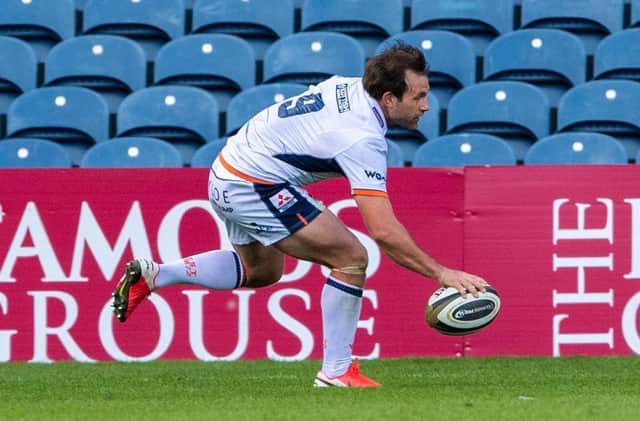 Nic Groom scores his second try in front of an empty BT Murrayfield. Picture: SRU/SNS