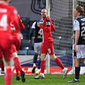 Dunfermline's Craig Wighton (centre) celebrates making it 2-0 during a Scottish Championship match between Dundee and Dunfermline Atheltic at Dens Park, on March 27, 2021, in Dundee, Scotland. (Photo by Ross MacDonald / SNS Group)