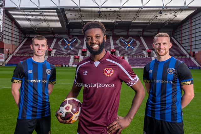 From left, Cammy Devlin, Beni Baningime and Stephen Kingsley wear the Succession-inspired shirts. Pic: Sandy Young/scottishphotographer.com