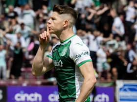 Kevin Nisbet celebrates scoring to make it 1-1 against Hearts during the final Edinburgh derby of the season at Tynecastle. Picture: SNS