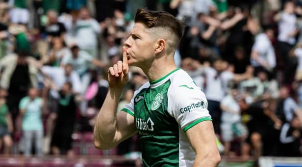 Kevin Nisbet celebrates scoring to make it 1-1 against Hearts during the final Edinburgh derby of the season at Tynecastle. Picture: SNS