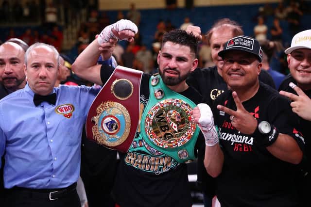 Jose Ramirez celebrates his TKO against Maurice Hooker in 2019. Picture: Ronald Martinez/Getty Images