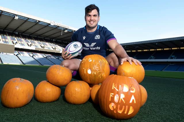 Scotland rugby star Stuart McInally posing with pumpkins, ahead of the Scotland v Tonga game, which falls on the day before Halloween.
