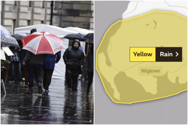 Pedestrians walking in the rain in Edinburgh and this morning's yellow weather warning for South West Scotland picture: JPI Media and Met Office