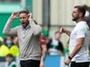 Hibs boss Lee Johnson reacts during the 3-1 victory over Aberdeen at Easter Road