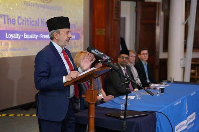 Mr Fareed Ahmad, National External Affairs Secretary of the Ahmadiyya Muslim Community UK, delivering keynote address at the event.
