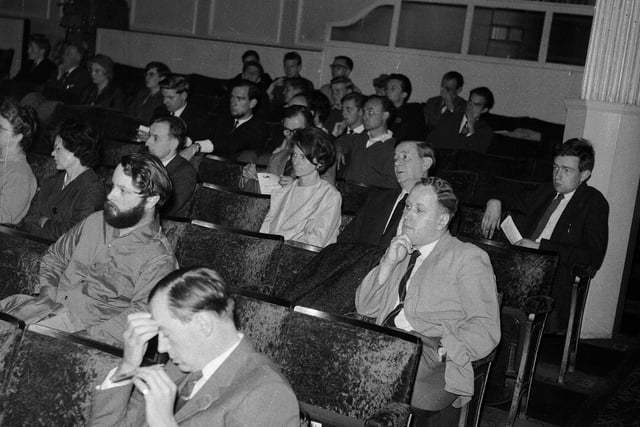 Delegates listen to a speaker at the 'TV Films Conference' at the Cameo Cinema in August 1963.