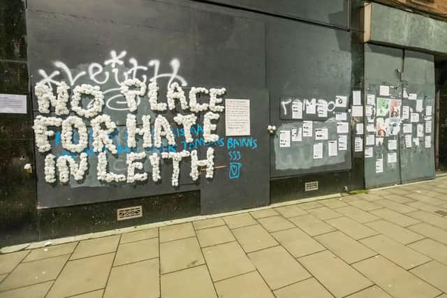 'No Place for Hate in Leith' flower wall on Leith Walk.