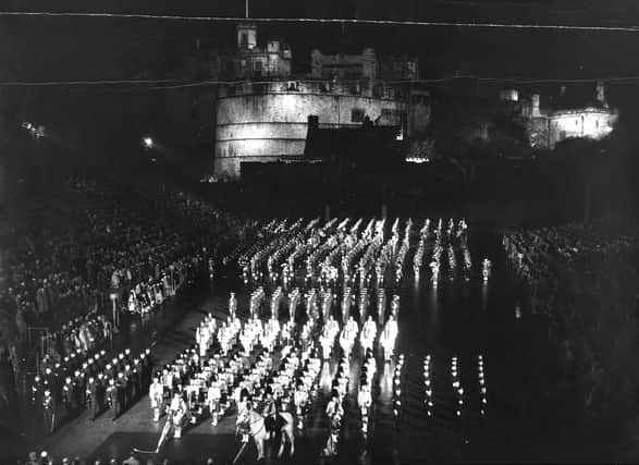 Massed pipes and drums at the Edinburgh Military Tattoo 1960.